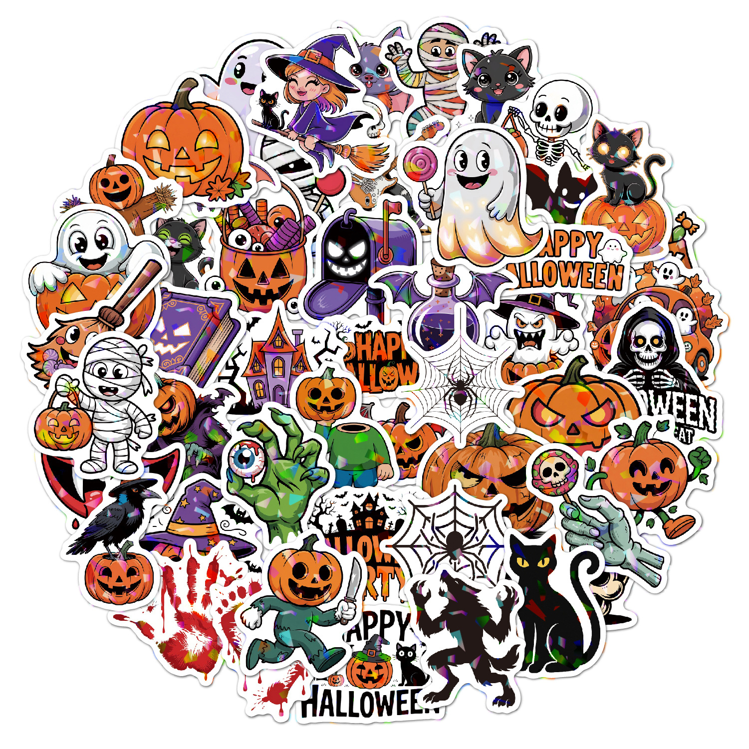 Picture of Halloween Stickers 2025 Holographic Laser Suitcase Water Cup Holiday Party Decoration Halloween Waterproof Stickers