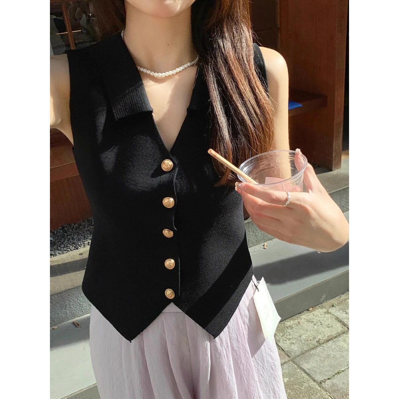 Chanel Style Knitted Vest Women's 2024 Summer Thin Outer Waistcoat Vest Cardigan Lapel Sleeveless Top