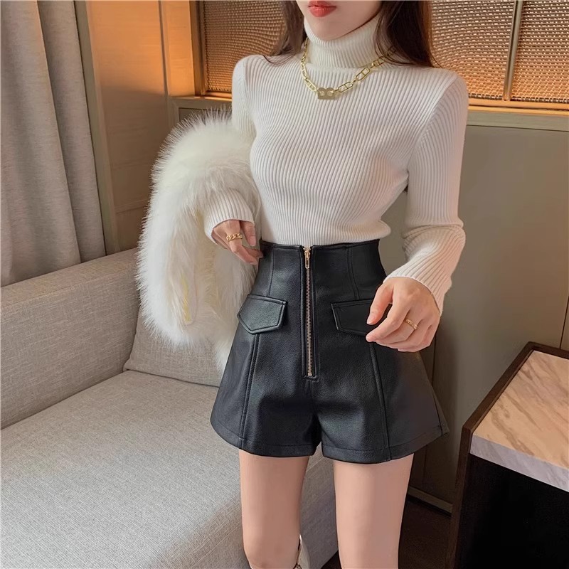2023 Korean style fashionable small PU leather pants shorts girls' outer wear autumn and winter New High waist A- line bottoming boot pants