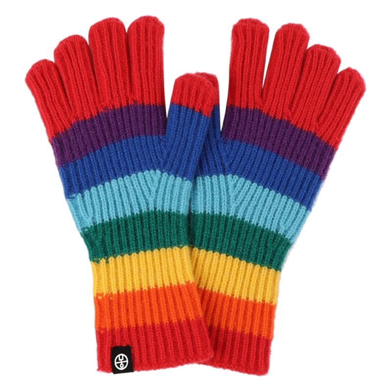 Winter New Rainbow Striped Knitted Exhibitt Gloves Warm Women's Touch Screen Gloves Cycling Cold-proof Wool Gloves