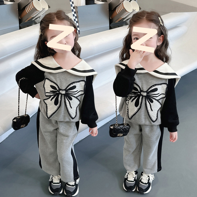 Picture of Girl's Large Children's Navy Collar Sweat Pants Two-piece 2024 New