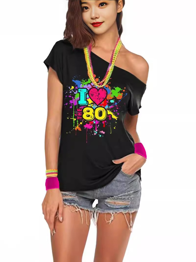 European and American Amazon Sentiment I Love the 80's Graffiti Splash-Painted Slant Collar Sexy Asymmetrical Short-Sleeved T-Shirt