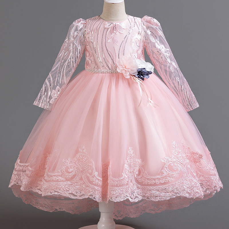 2023 girls' dress Princess dress long-sleeved lace trailing pettiskirt piano host performance dress cross-border exclusive