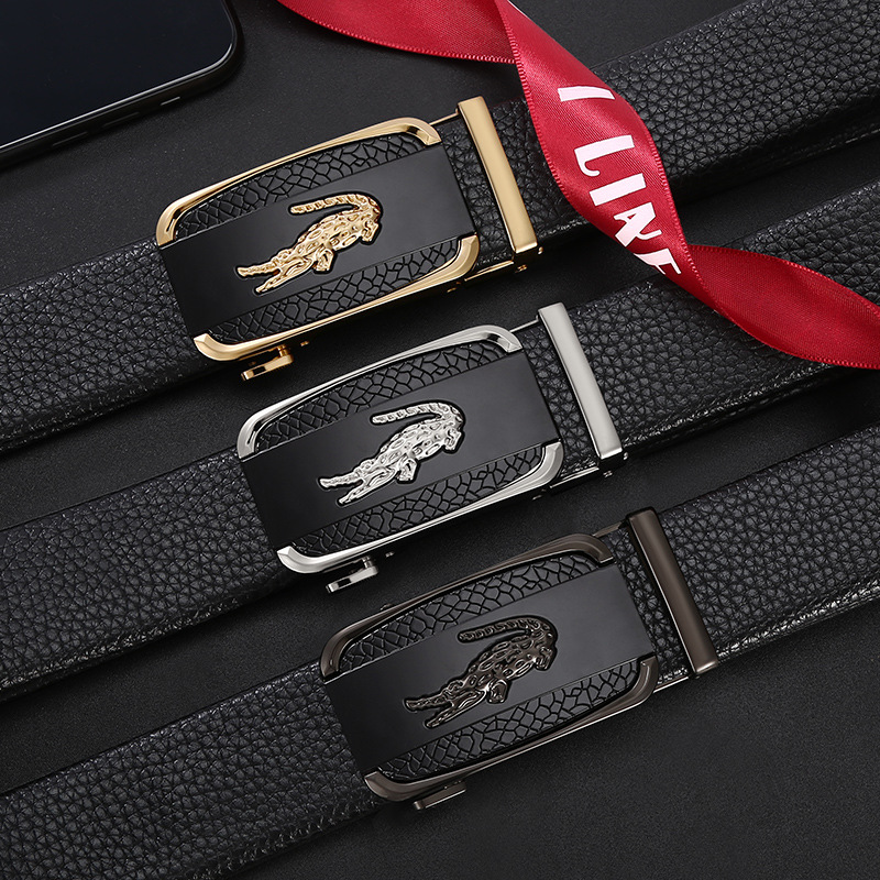 Belt Men's Crocodile Automatic Buckle Two-Layer Cowhide Belt Casual Joker Simple Trendy Young People's Business Belt Wholesale