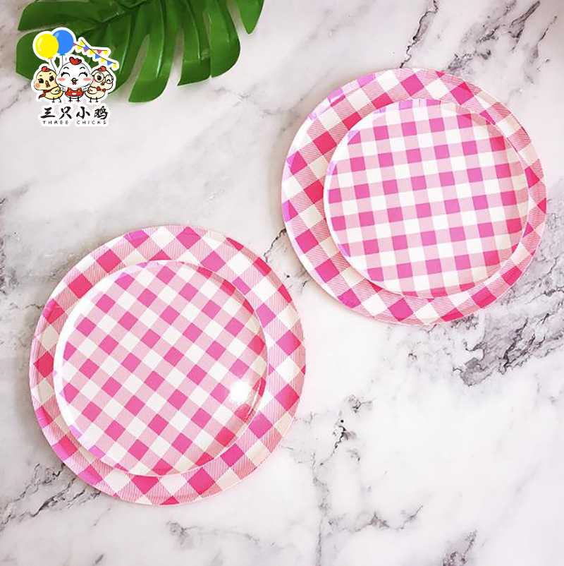 New Disposable Paper Plate Pizza Plate Flat Bottom Disc Party Pink Plaid Tableware picnic plate fruit plate