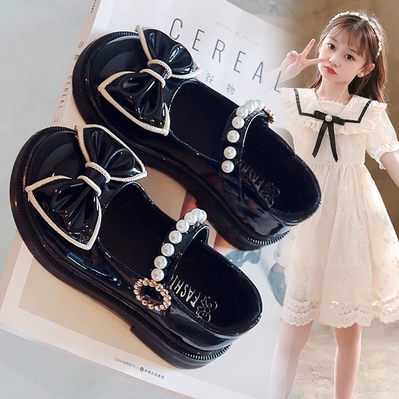 Girl's Shoes Small Leather Shoes Black Spring 2025 New Children's Princess Shoes Soft Sole Stylist Shoes for Big Kids Performance