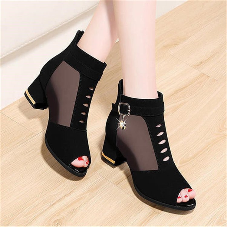 Fishmouth Mesh Sandals Women's Chunky Heel Mid Heel Fashion High Heels 2025 Spring and Summer Hollow New All-match Women's Sandals