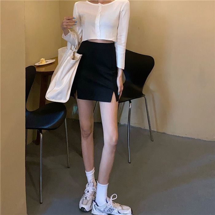Chubby Girl plus size double slit black skirt 2024 summer hot girl high waist slimming sheath A- line skirt women's skirt