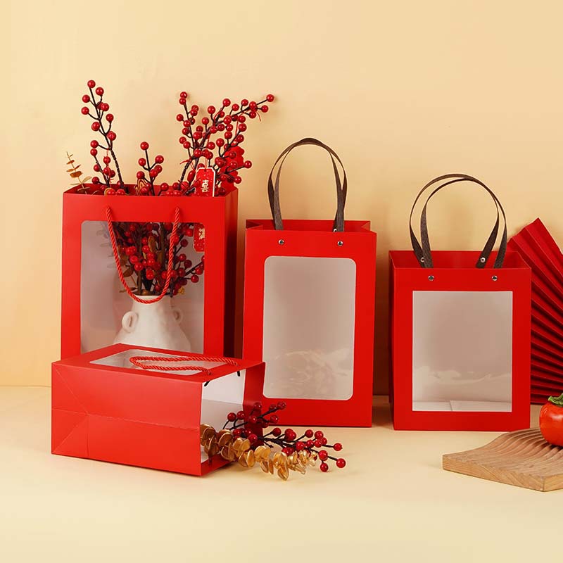 New Year Festive Big Red Window Handbag Holiday Gift Packaging Bag Chinese Style Hand Gift Wedding Candy Bag