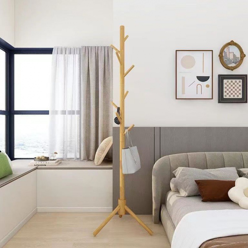 Picture of Solid wood coat rack floor-to-ceiling bedroom living room hanging clothes rod rack home indoor vertical simple bag hanging rack hat