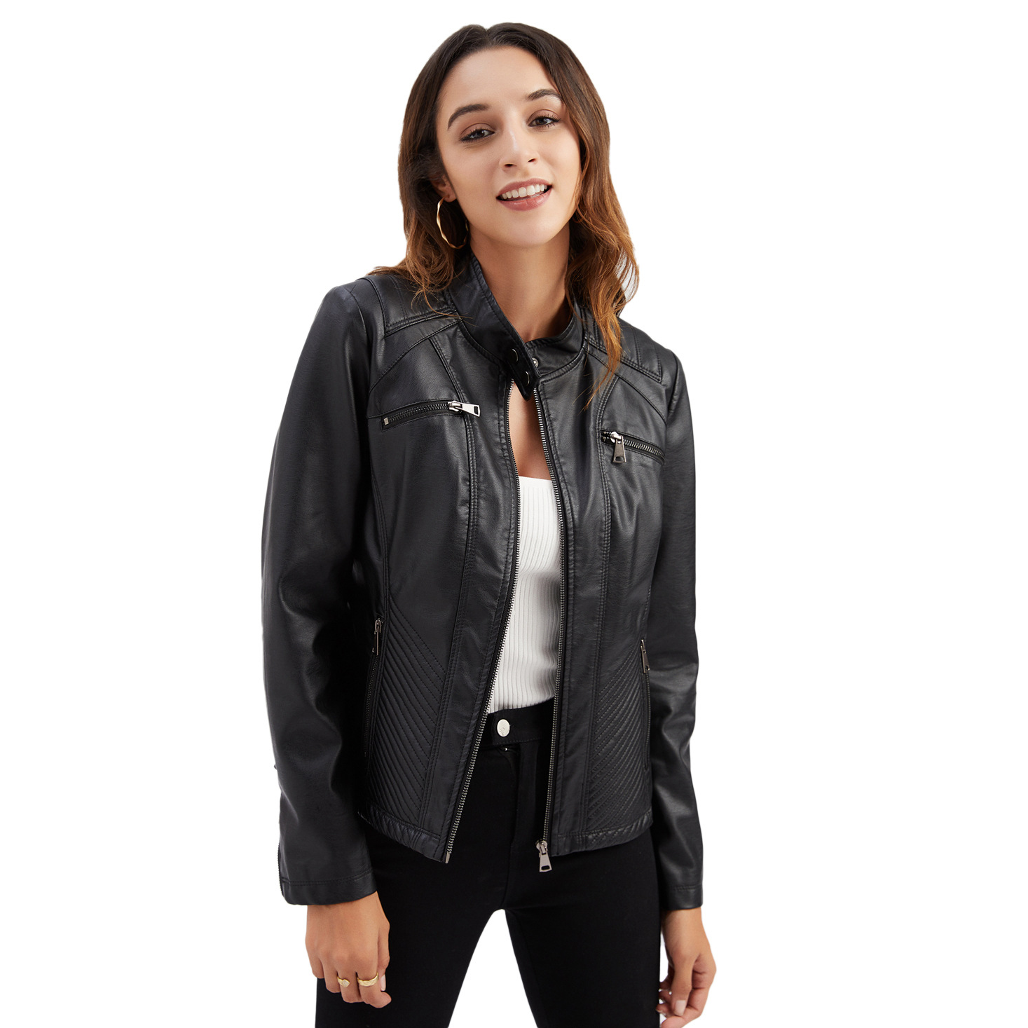 Picture of 2023 New Women's Casual Leather Jacket Stand Collar Jacket European and American Slim Jacket Women's Spring and Autumn Solid Color Women's Leather Jacket