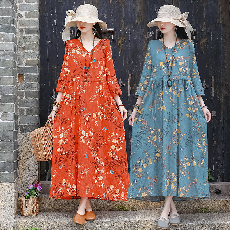 Summer New Retro Literary Printed Cotton and Linen Dress Loose Long Skirt for Women