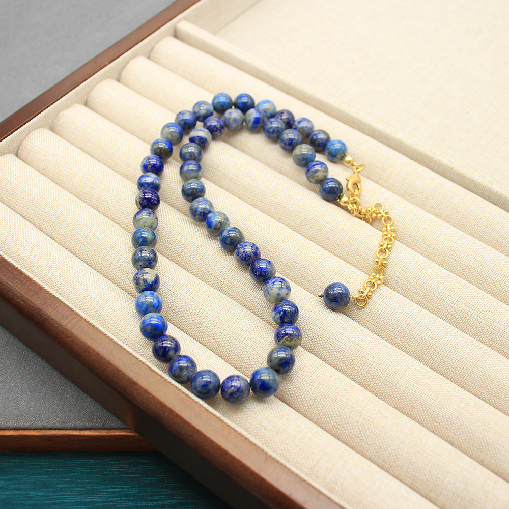 Natural Clavicle Chain Simple Lapis Lazuleus Handmade Beaded New Chinese Natural Stone suit Blue Stripe Stone Vintage Earrings