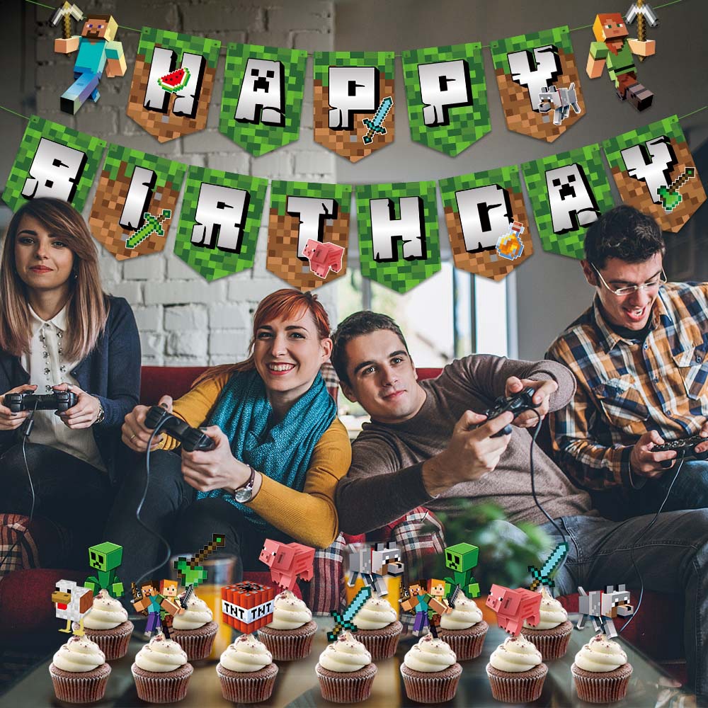 Picture of Minecraft Birthday Party Decoration Set Pixel Wars Happy Birthday Flag Cake Dessert Insert
