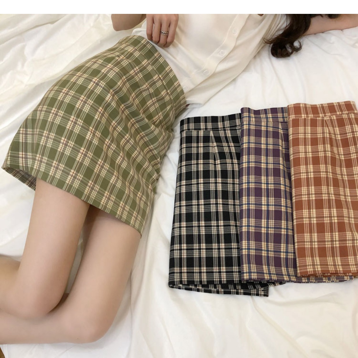 Summer Plaid Short Skirt Suit Skirt for Women Retro 2025 New High Waist Slimming A-Line Hip Skirt