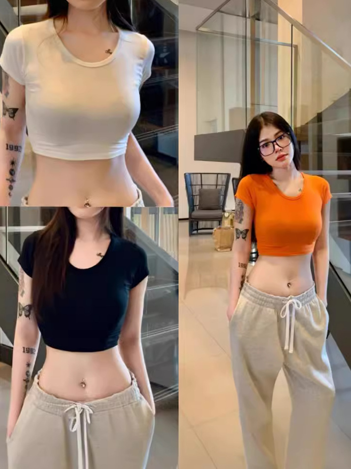 Picture of Ins Spice Girls Sexy Navel Short Solid Color T-Shirt Women's New Slim-fit Slimming Pure U-collar Base Top Women's T-tide