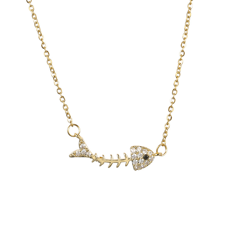 High-grade exquisite micro-inlaid fish bone necklace women's clavicle chain short gold personality pendant titanium steel furnace real gold