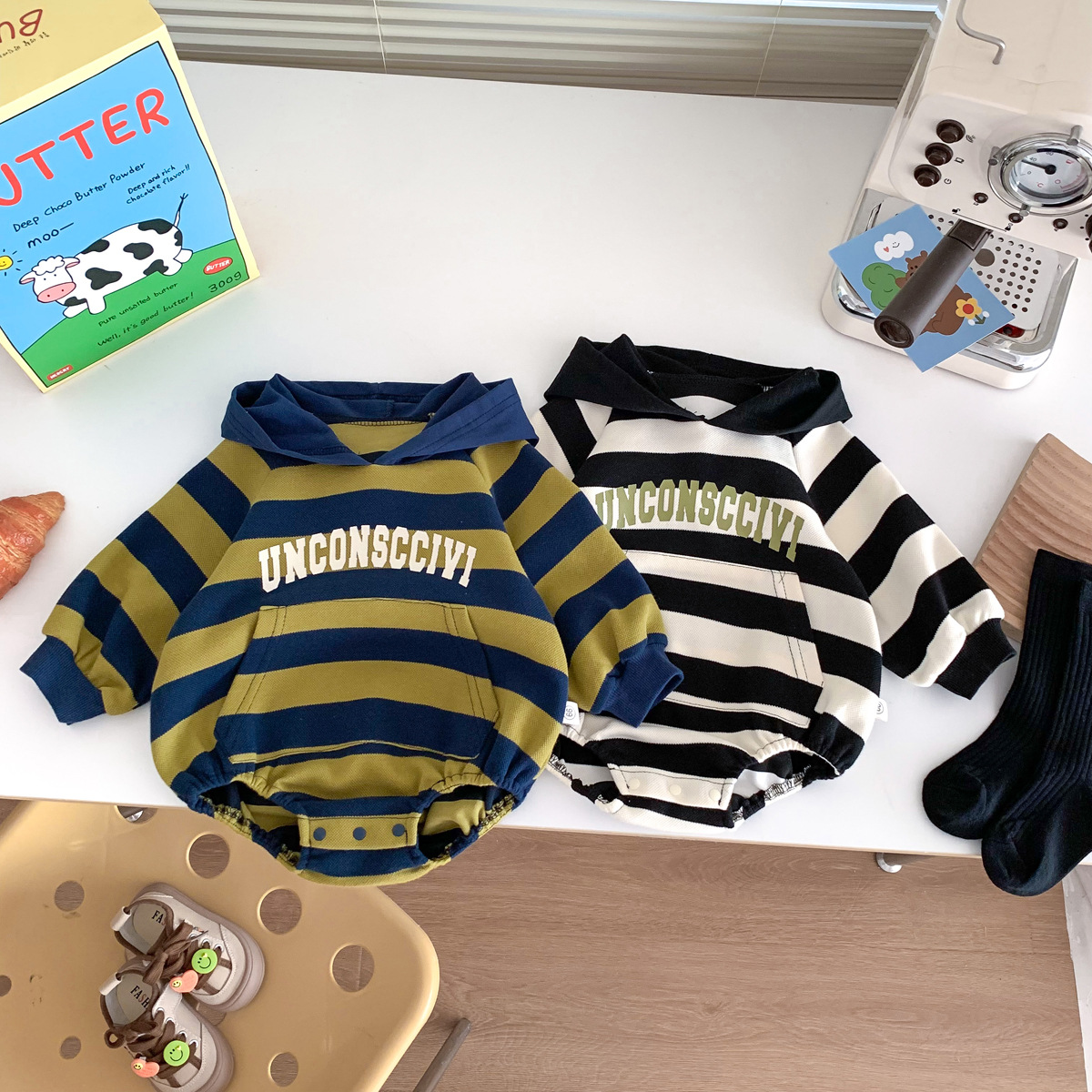 Picture of Ins K-Style Baby Spring & Fall Hooded Stripesd Bag Fart Clothes Newborn Male and Female Baby Fashionable Sweatshirt One-Piece Rompers