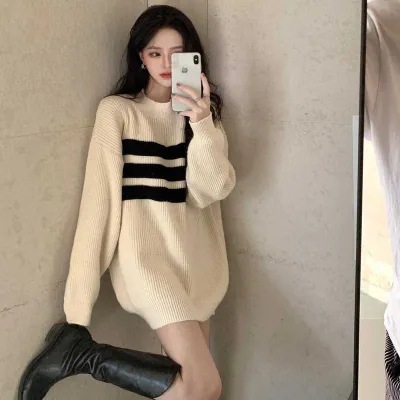 Autumn New Women's Striped Sweater Mid-length Korean-style Pullover Small Knitted Inner Base Skirt Women's Autumn and Winter