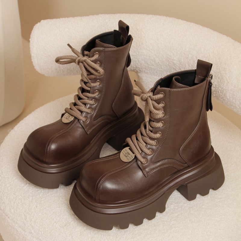 European Breathable Internet Popular Martins Boots Women's Autumn 2024 New Style Spice Girl Square Big Head Lace-up Thick-soled Boots