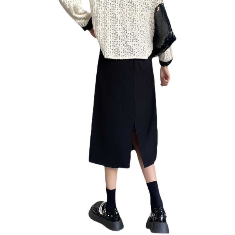 Winter Solid Color plus size Black Woolen Skirt Women's A- line Short Skirt Mid-length High Waist Slimming Split Hip Skirt