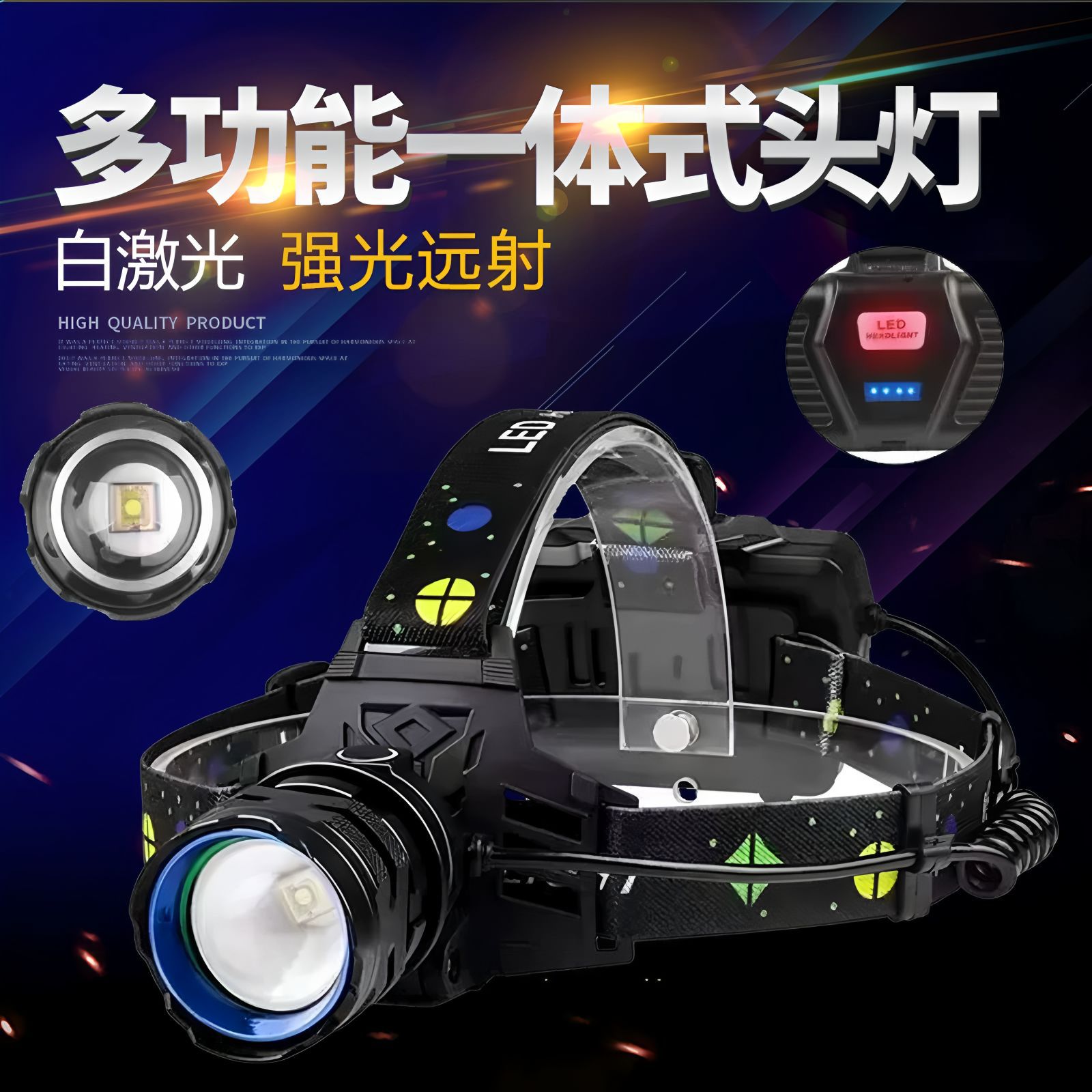 Cross-border White Laser Strong Light Zoom Headlamp USB Charging Outdoor Night Fishing Waterproof Long-life Portable Long-range Headlamp