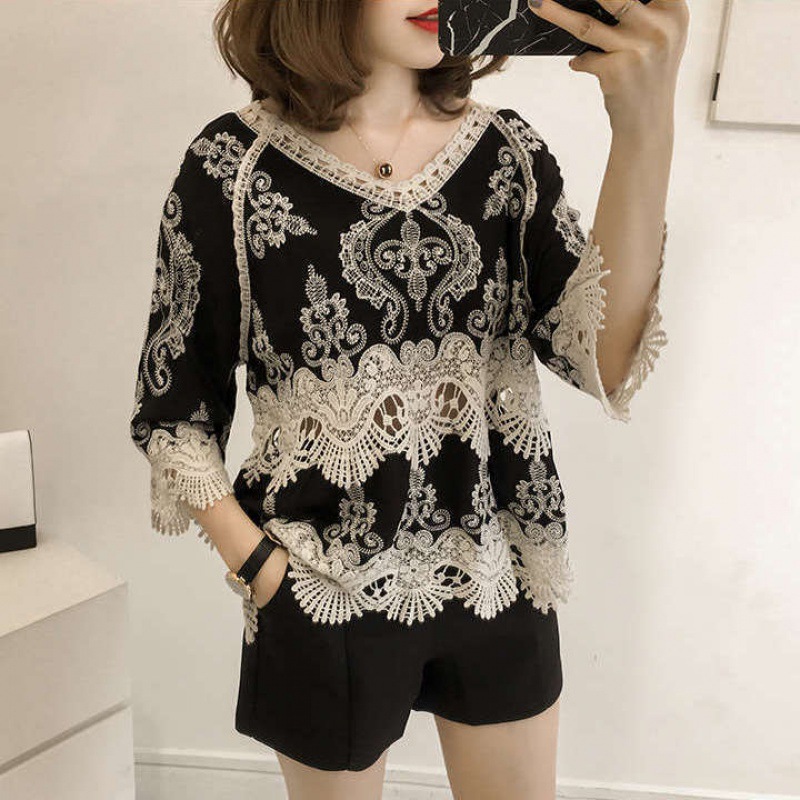 Spring and Summer New Fashion Ethnic Embroidered Hollow Sleeve Lace Shirt Women's Loose Sweet V-neck Top
