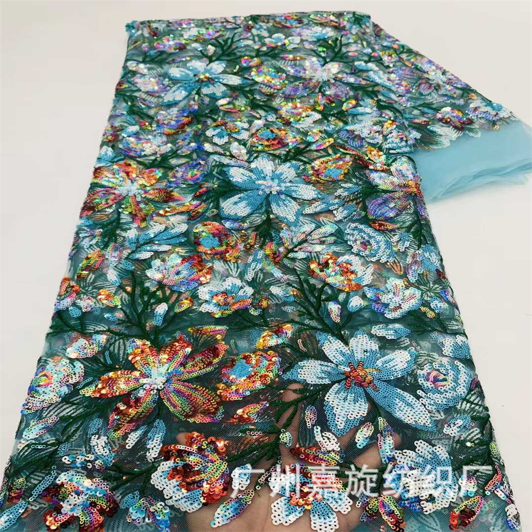 Multicolor Iridescent Sequin Bead Embroidery Fabric Chinese Style Cheongsam Vest Flat Embroidery Wedding Dress Evening Gown Lace Fabric