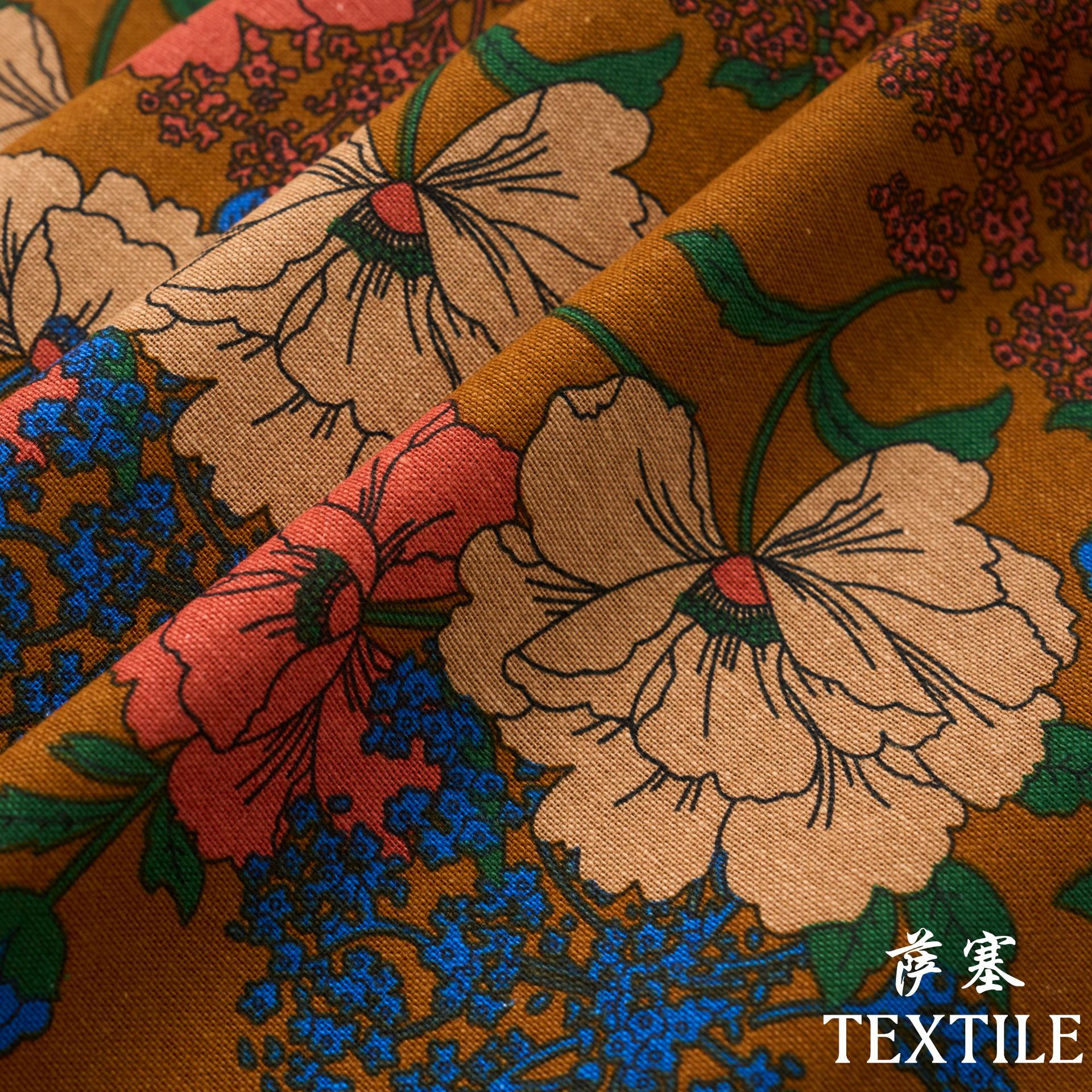 Picture of Pure Cotton Linen Floral Fabric Pastoral Style Fabric Floral Skirt dress Cloth Fresh Style Vintage Handmade Fabric