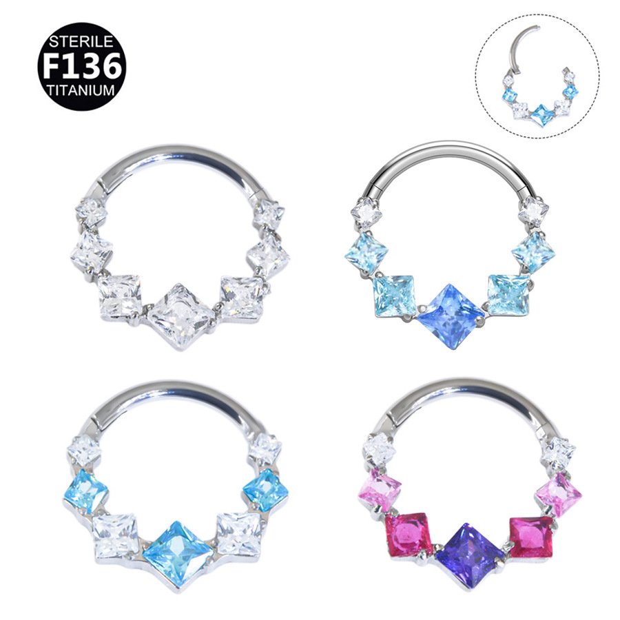 1.2mm thick 8~10mm inner diameter titanium alloy square color stitching zircon nose ring nasal septum puncture jewelry