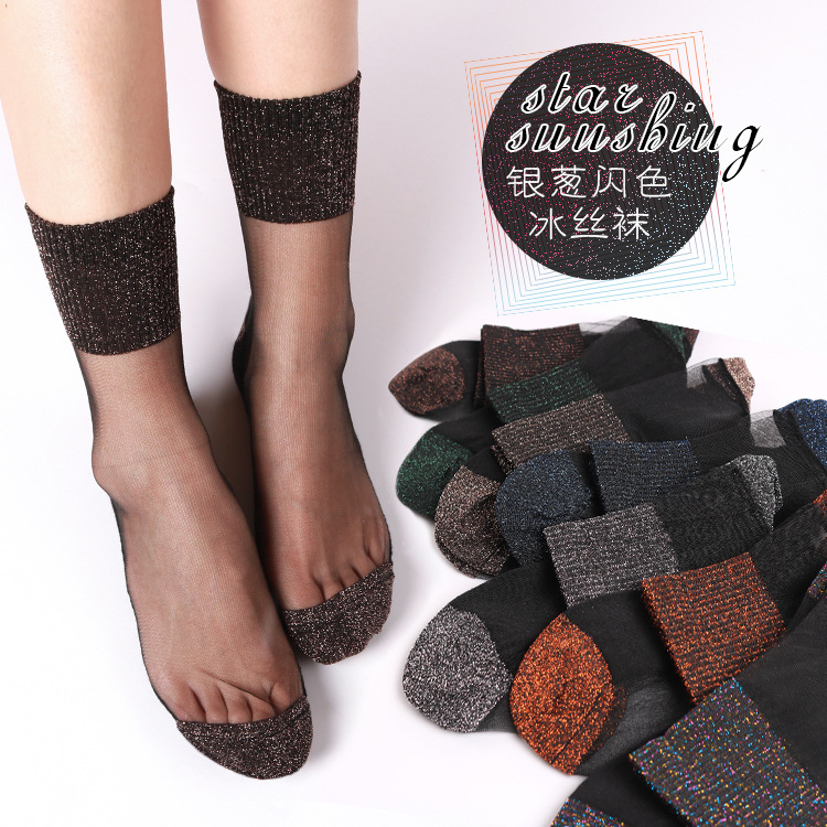 Picture of Independent packaging crystal stockings tube spring and autumn new ladies silver socks cotton bottom socks wholesale skin-transparent women's socks