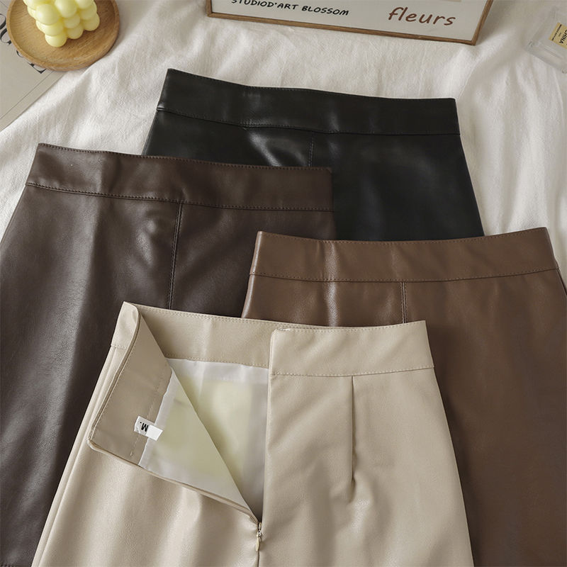 A- line skirt children's autumn and winter popular this year high waist slim PU leather skirt small black hip skirt