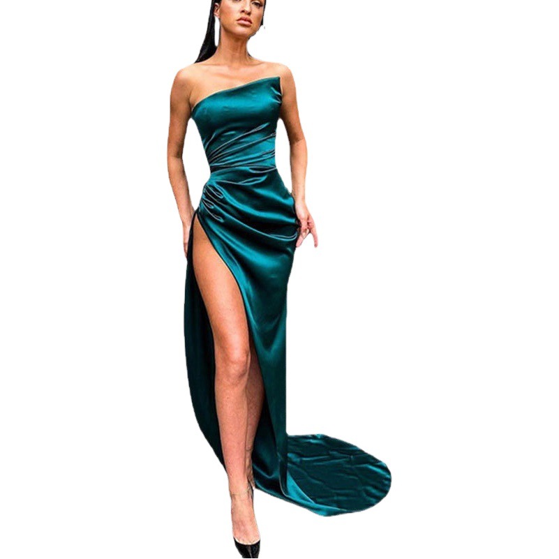 European and American Foreign Trade Amazon AliExpress wish Independent Station Women's Evening Dress Sexy Strapless Pleated Split Dress