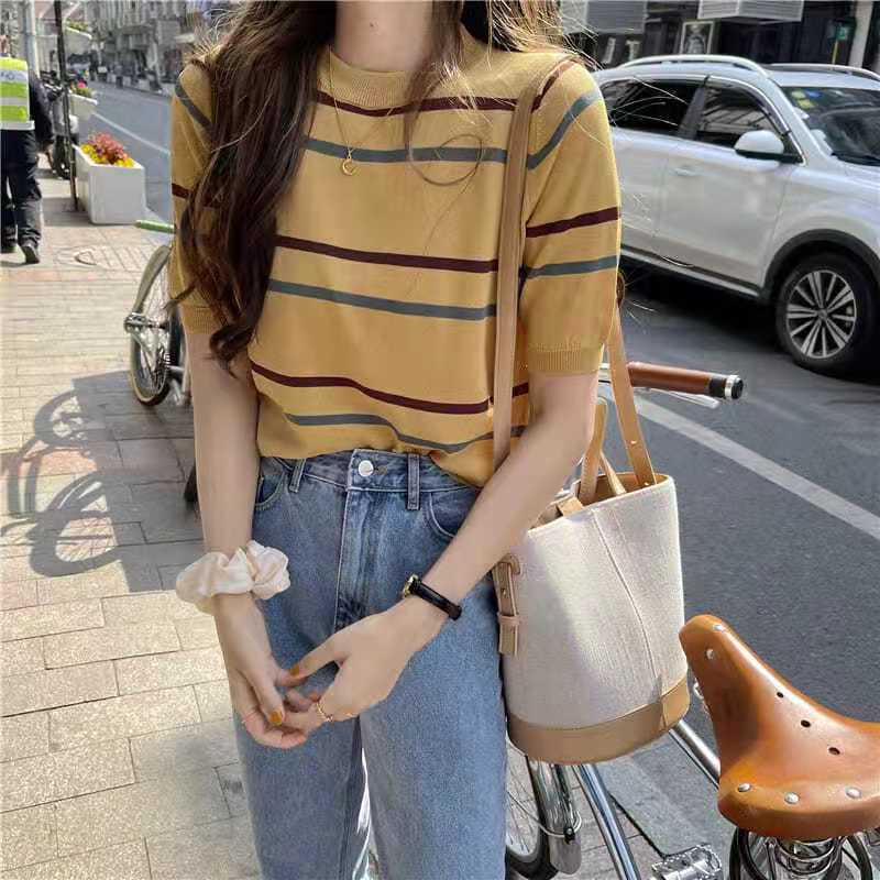 Ice Silk Knitwear Women's Striped Retro Short-sleeved Summer New Loose Thin Top Round Neck Base Shirt Academy Style