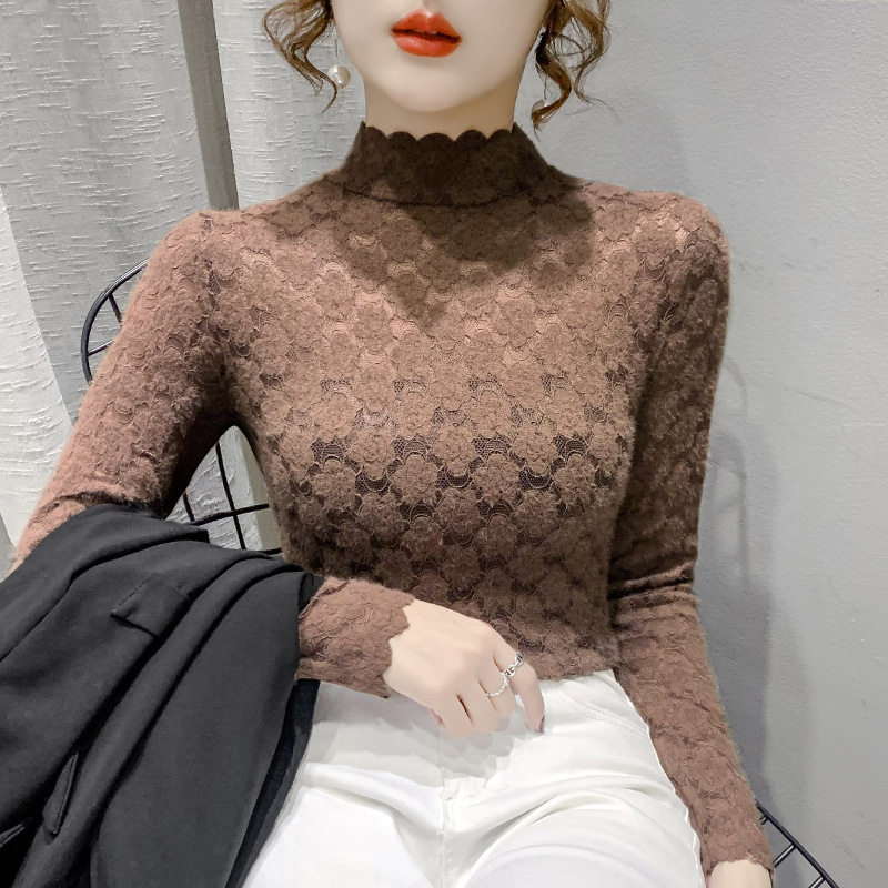 Picture of Half-high Collar Lace Base Shirt Women's Autumn and Winter European Inner Shirt Sanding Long-sleeved T-shirt Mesh Hollow Top