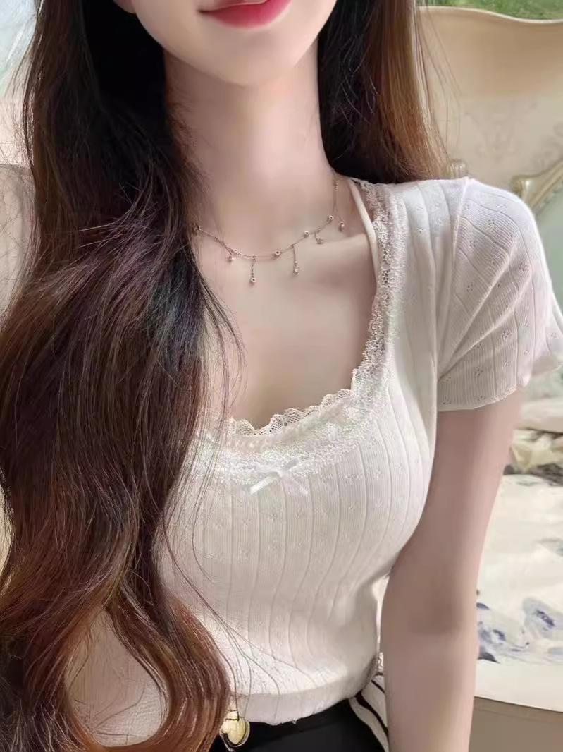 Summer Slimming Look White Lace Tight Top Bow Season New Slim Bottoming Shirt Top Women's T-Shirt