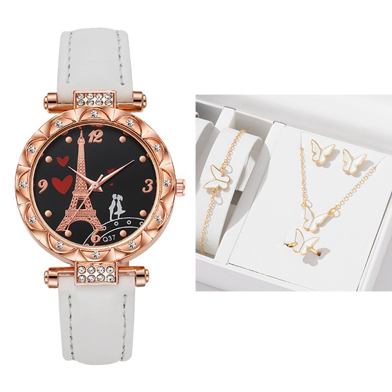 Women's new fashion Pu belt Lotus shell Paris tower literal couple quartz watch in stock wholesale can be sent on behalf