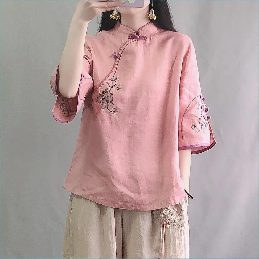 Chinese Style Vintage Cotton and Linen Shirt Chinese Style Vertical Collar Contrast Button Mid-Sleeve Top Embroidered Tea Clothing Spring and Summer Women's Clothing