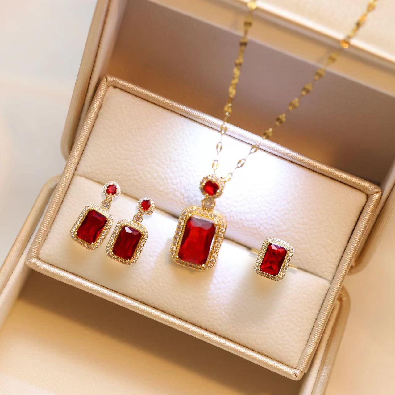 Titanium steel zircon diamond square necklace earrings ring three piece set fashion high sense clavicle chain in stock wholesale