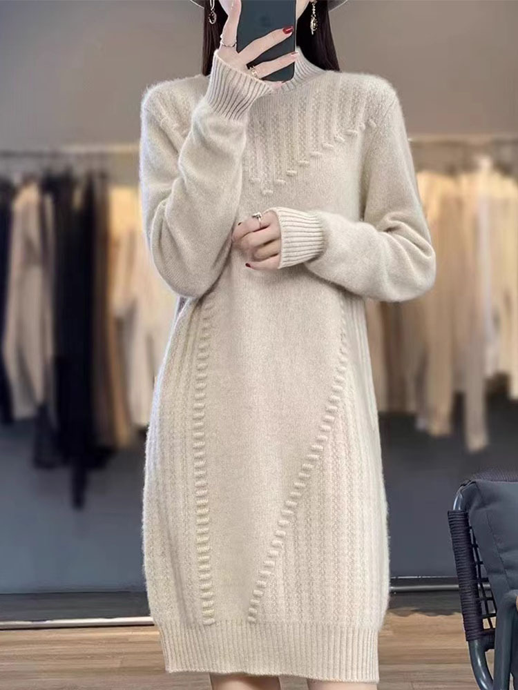 2024 Autumn and Winter New Mid-length Knitted Sweater Women's Half-turtleneck dress Loose All-match Slim Fashion Sweater