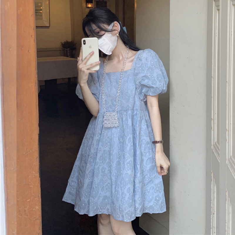 French Retro Salt Blue Square Collar dress Women's Summer New Puff Sleeve Sweet Princess Skirt