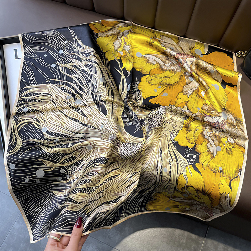 Picture of Spring and Autumn Thin Japanese and Korean Sweet Champagne Color Small Floral Silk Mulberry Silk 70cm Square Scarf Silk Scarf Hair Band Headwear Women