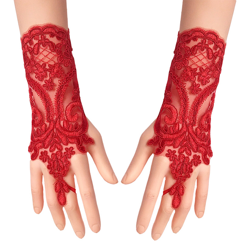 Picture of Hook-Finger Short Mesh Lace Bow Sleeves European and American Bride Wedding Dress Hand Sleeves Short Lace Gloves Wholesale
