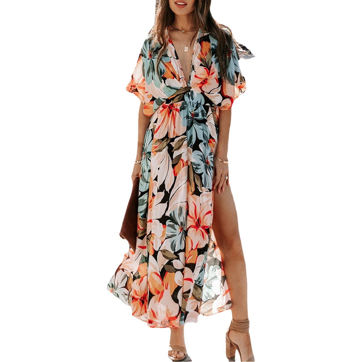 2025 Amazon Cross-Border Summer European and American Clothing New Sexy High-Waist Fashion Printed Slit Dress for Women