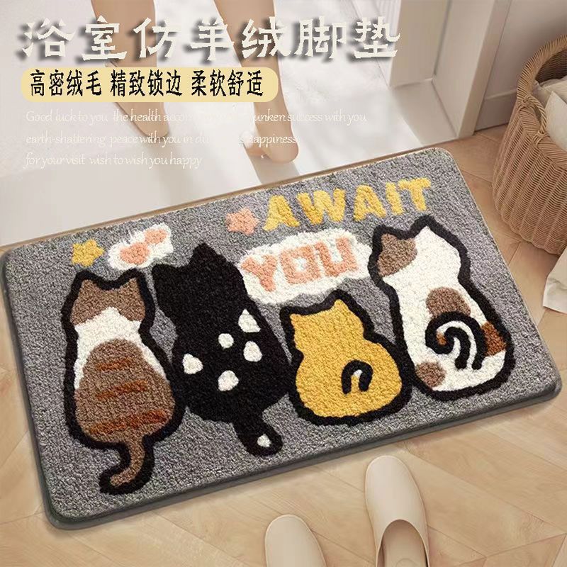 Thickened Cartoon Imitation Cashmere Foot Mat Bathroom Floor Mat Bathroom Water Absorbent Anti-slip Mat Toilet Wear-resistant Dirty-resistant Floor Mat