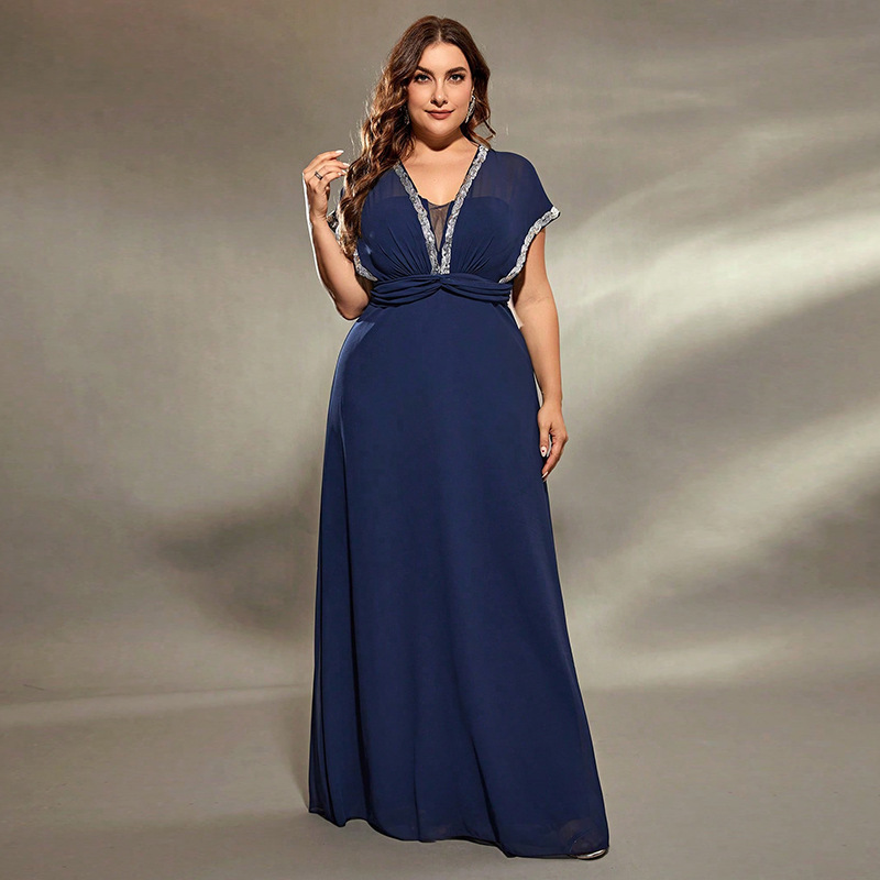 Amazon Europe and the United States cross-border evening dress waist lace deep V sexy slim dress plus size women's clothing