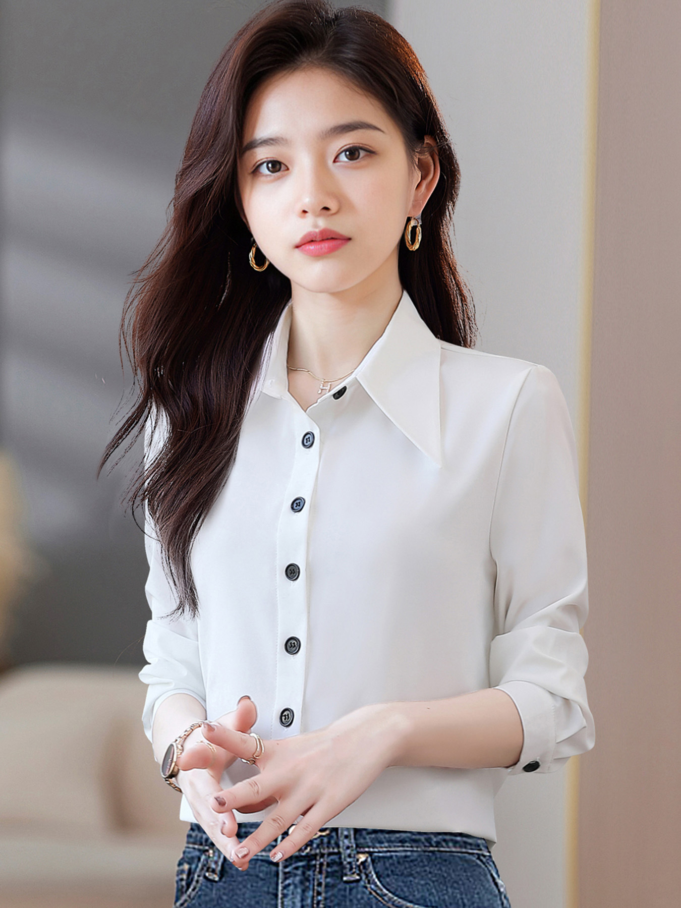 White Chiffon Polo Neck Shirt Women's Long Sleeve 2024 New