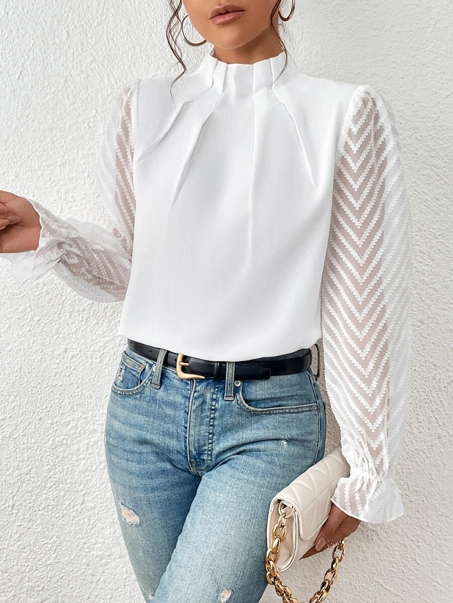 Picture of 2024 Europe and the United States Amazon cross-border women's autumn and winter new half-high collar stitching wave chiffon long sleeve top