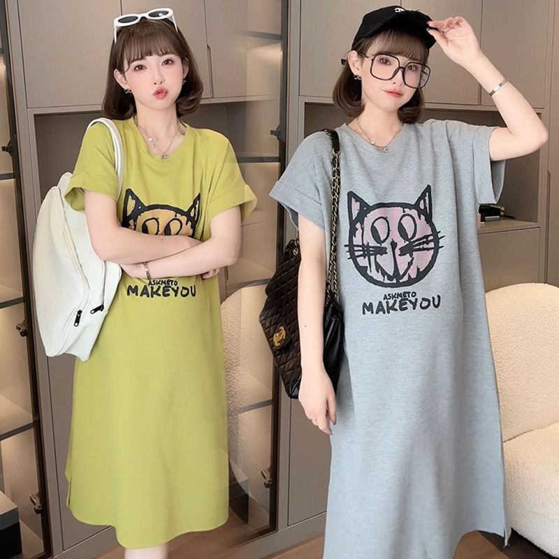 Maternity Summer T-shirt Skirt Thin Cute Cartoon Age-reducing Short-sleeved Loose Large Size Cotton Dress