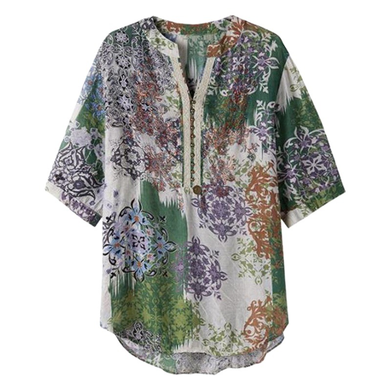 Real Shot Mother's Shirt Summer Dress Fashionable Slimming Loose plus size Thin Stylish Printed Short-sleeved Top Small Shirt